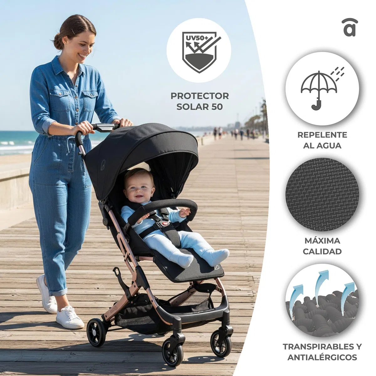 Silla de Paseo AMSTERDAM - Ultraligera, Reclinable y Compacta, Asa Trolley, Plegado con Una Mano, Capota Extensible, desde 6 Meses hasta 23 kg - Dorado Asalvo
