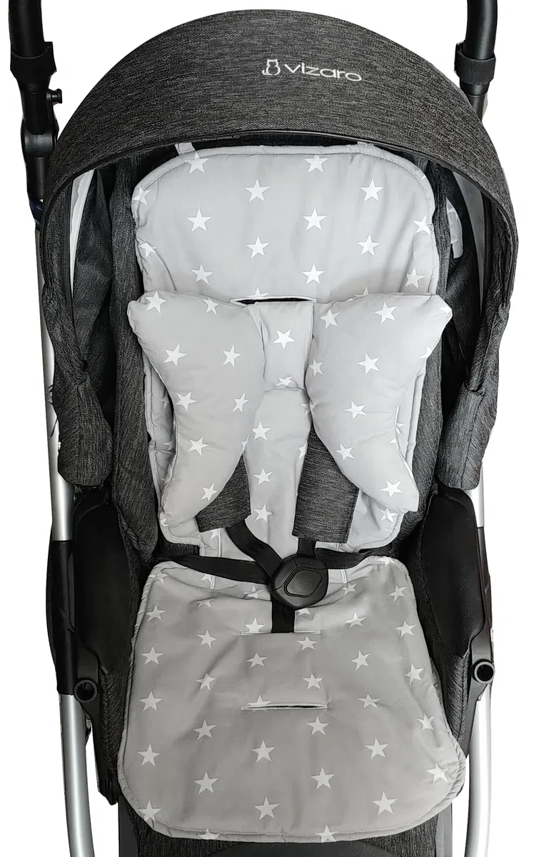 Vizaro - Colchoneta Universal Silla Paseo - Acolchada Fina con Reductor y Sujección para Cabeza Bebé -Reversible - 100% Algodón - Hecho UE, OekoTex