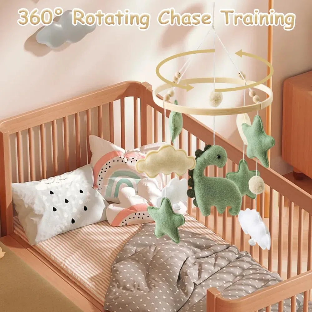 Movil Cuna Bebé de Madera con Dinosaurios, Estrellas y Nubes en Fieltro, Decoración Colgante para Habitación Infantil, Regalo