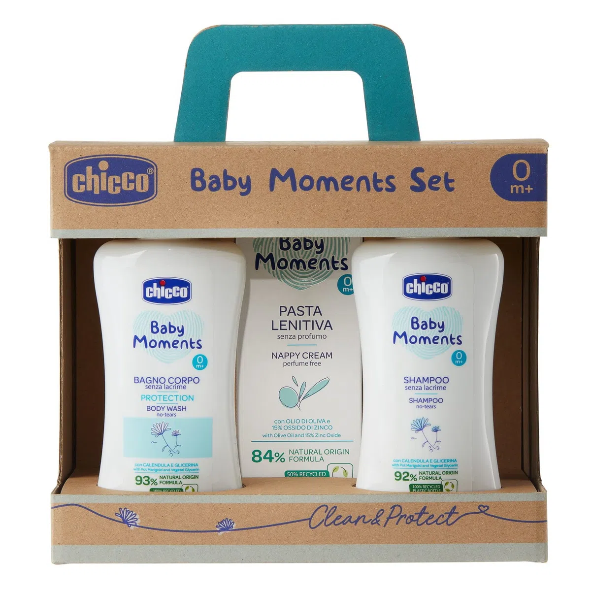 Chicco Set Baby Moments con Baño Corporal de 200 ml, Champú Sin Lágrimas de 200 ml, Pasta Calmante de 100 ml, Idea de Regalo, 0 Meses +