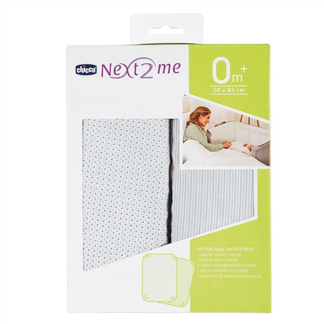 CHICCO Juego de Sábanas Bajeras Compatibles con CHICCO Next2Me, 2 Piezas, 50 x 83 cm, Algodón, 2 Sábanas Minicuna con Bordes Elásticos, Accesorios Recién Nacido +0 Meses, Blanco y Gris