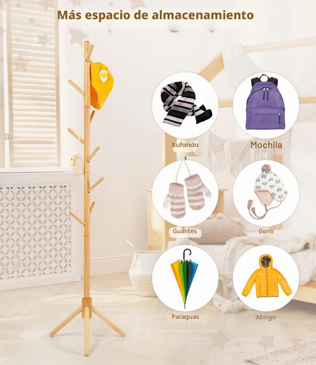 Perchero de madera de haya para niños, soporte de altura ajustable con 9 ganchos, organizador de ropa infantil independiente para pasillo, dormitorio, fácil montaje (natural)