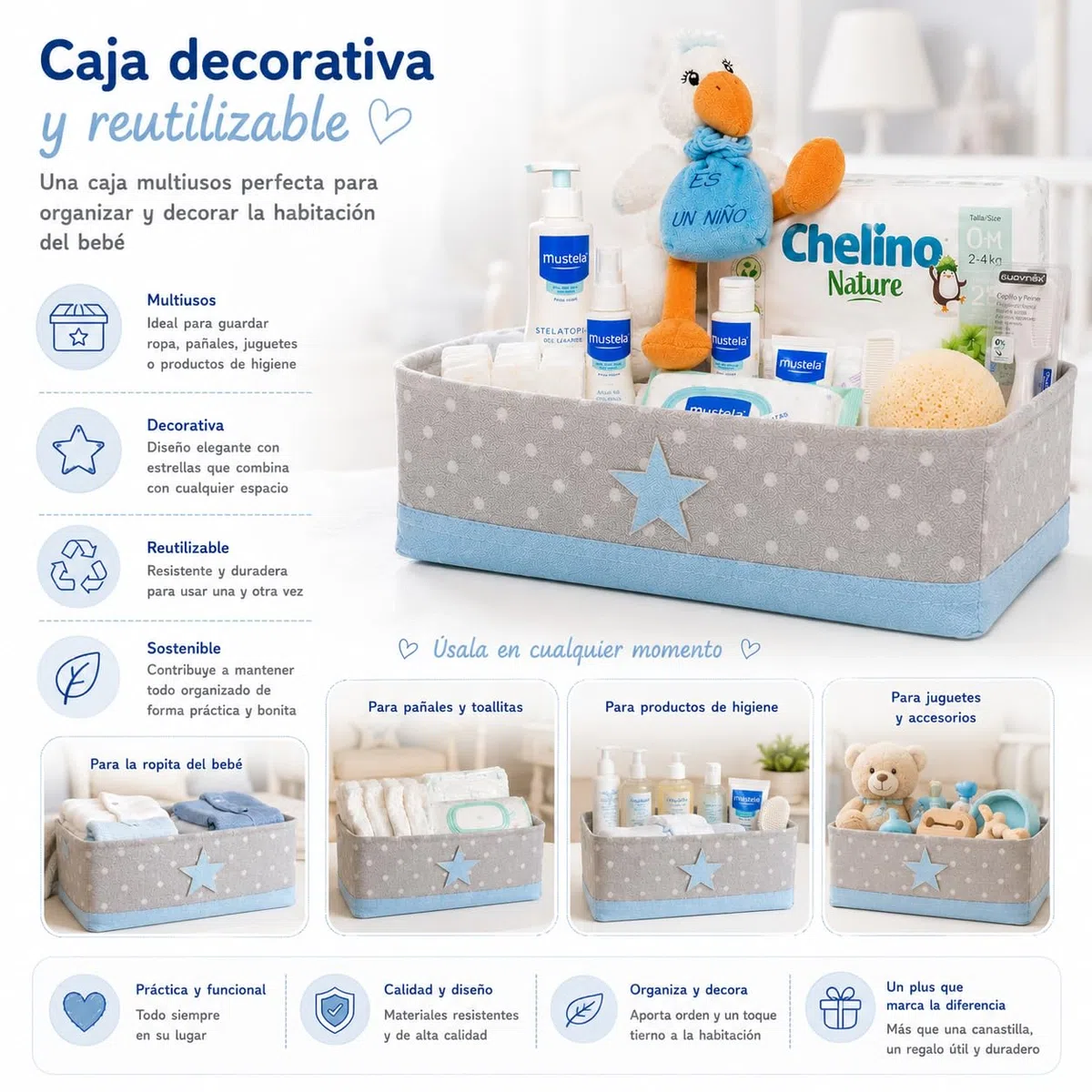 Canastilla Bebé Supreme | Cesta Regalo Recién Nacido | Incluye Caja Multiusos, Peluche Cigüeña, Gel, Champú, Colonia, Crema, Hidratante, Esponja, Cepillo y Peine, Toallitas y Pañales (Azul)
