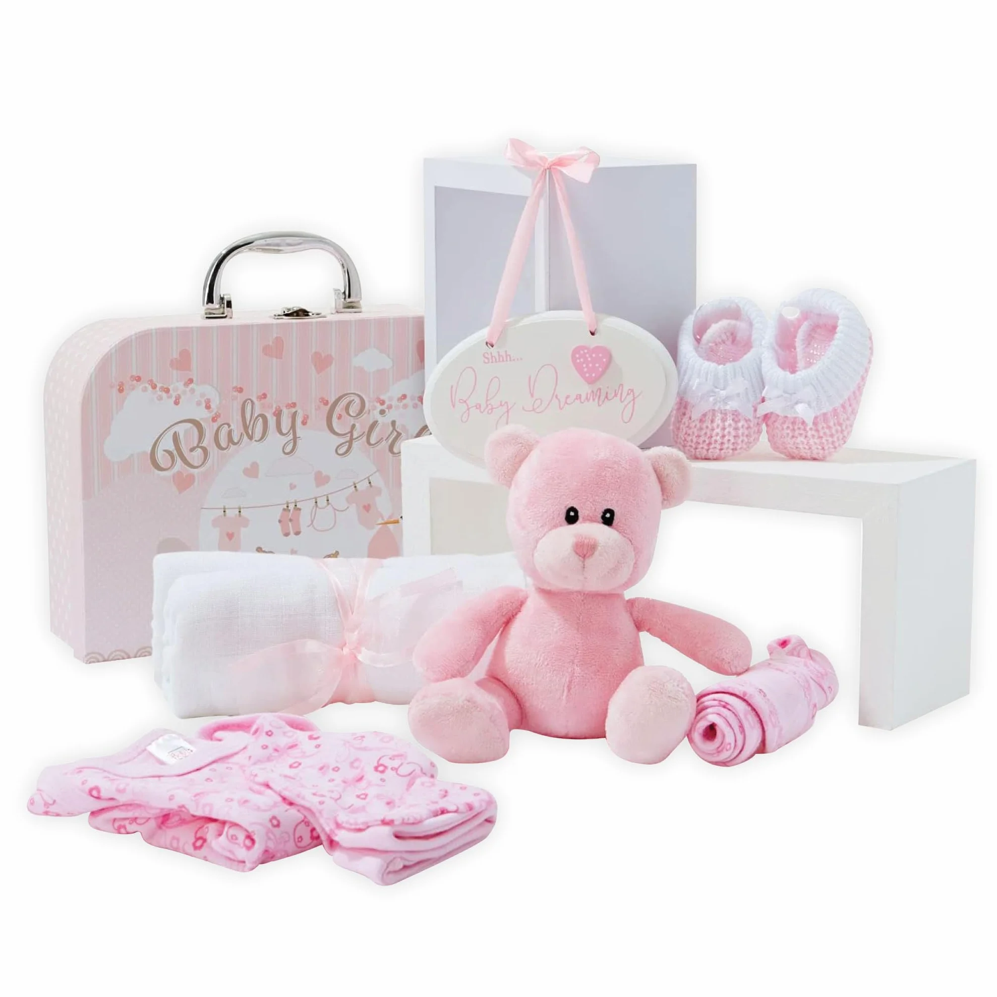 Regalo de Recién Nacido Niña - Cesta de Recién Nacido Rosa Estilo Maletín con Osito, Cepillo, Patucos de Punto, Babero, Gorro, Muselina y Placa – Cesta de Bebé para Baby Shower