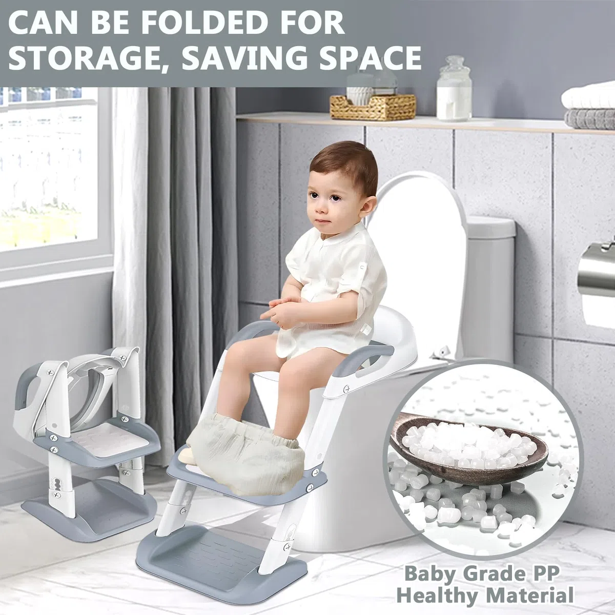 Adaptador Reductor WC Niños, Adaptador WC Bebe Niños con Escalera, Antideslizante, Plegable con PU Cojín, Portatil Orinal Asiento Baño Inodor para Inodoros en Forma