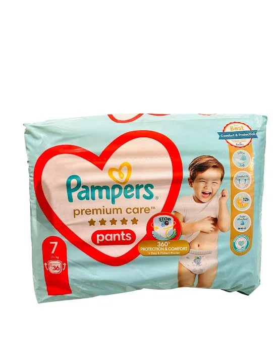 Pampers Pants Pañales talla 7 (17 kg), paquete de 36 unidades, ajuste de 360°, material ultra suave para mayor comodidad y la mejor protección