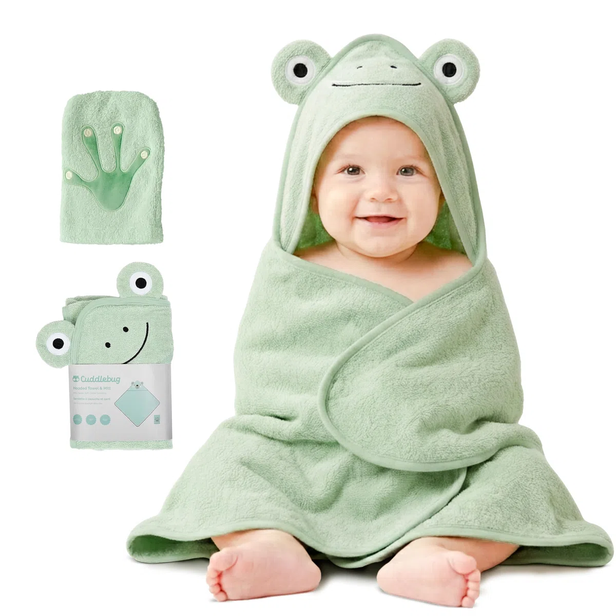 CuddleBug Set de Capa de Baño con Capucha y Manopla para Bebé - 100% Algodón Rizo - Toalla Infantil Ultra Suave y Absorbente para Recién Nacidos y Niños (85 x 85 cm) - Frog